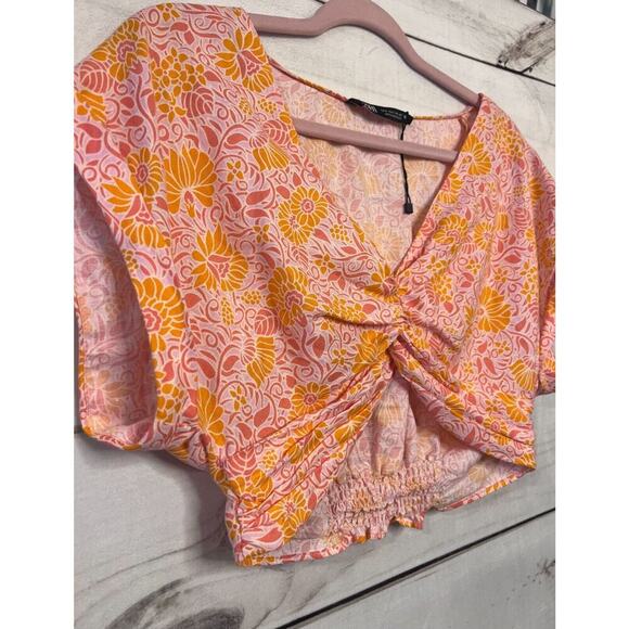 Zara crop top Pink Floral orange Women's Blouse Short Sleeve size S - Picture 2 of 4